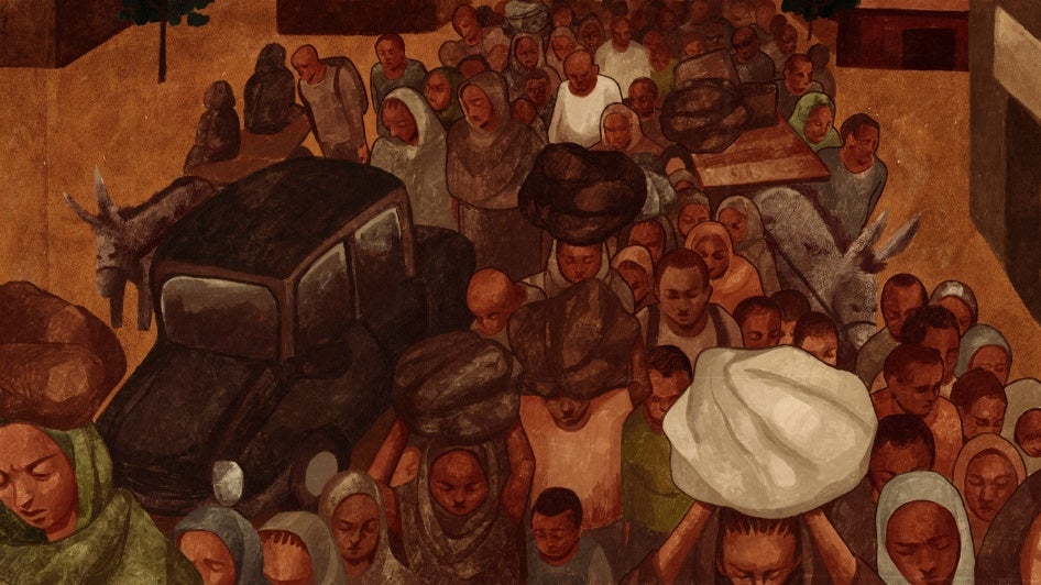 Illustration of a group of people fleeing a town