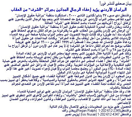 Jordanian Parliament Supports Impunity For Honor Killings January 27, 2000