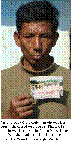 Text Box: 
Father of Ayub Khan. Ayub Khan who was last seen in the custody of the Assam Rifles. A day after he was last seen, the Assam Rifles claimed that Ayub Khan had been killed in an armed encounter. © 2008 Human Rights Watch
