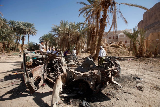 <p>The remnants of a US drone strike on August 29, 2012 in Khashamir, Yemen. The strike killed three alleged members of Al-Qaeda in the Arabian Peninsula, a policeman, and a cleric who preached against the armed group.</p>