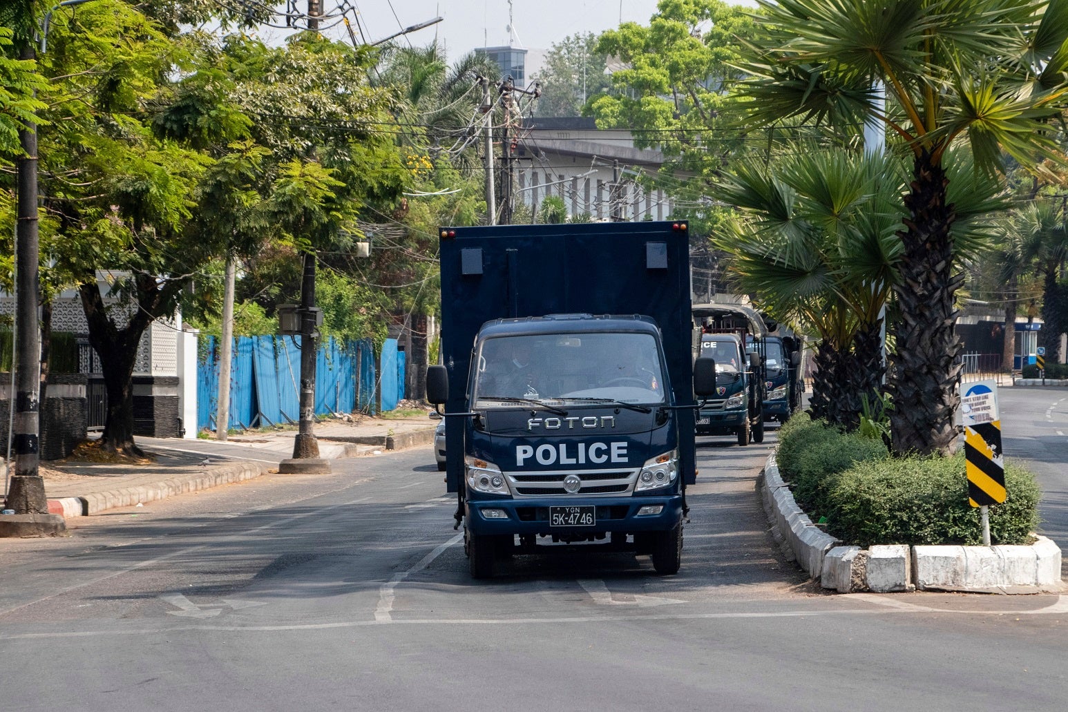 Police car is seen on a street during the military coup demonstration.