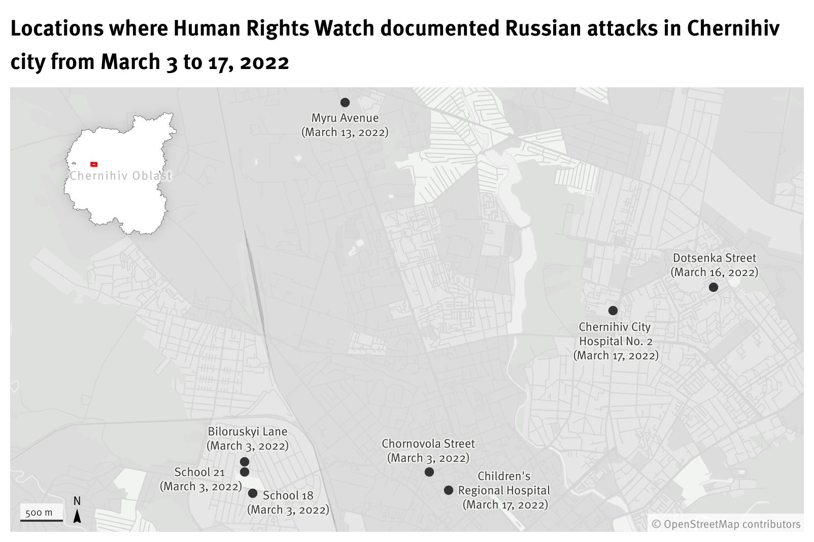 Emplacements de huit attaques menées par les forces russes à Tchernihiv, dans le nord de l’Ukraine, entre le 3 mars et 17 mars, et documentées par Human Rights Watch.