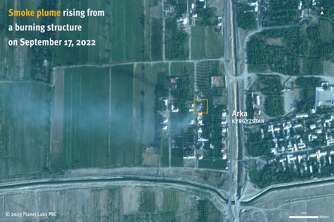 Satellite imagery dated September 17, 2022 one day after Tajik forces entered Kyrgyz villages, shows smoke plumes from active burning in the village of Arka.