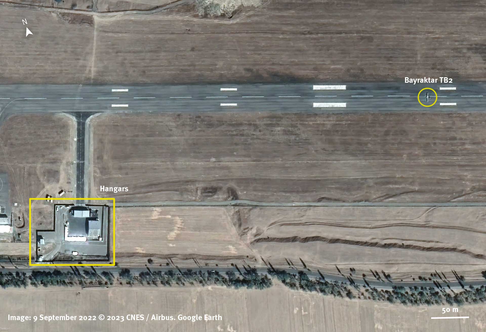 Publicly available satellite imagery recorded on September 9, 2022, a week before the deadly drone strike on Ovchi Kal’acha, shows a Bayraktar TB-2 drone and a hangar large enough for the drone at the Kyrgyzstan airbase of Razzaqov (formerly known as Isfana).