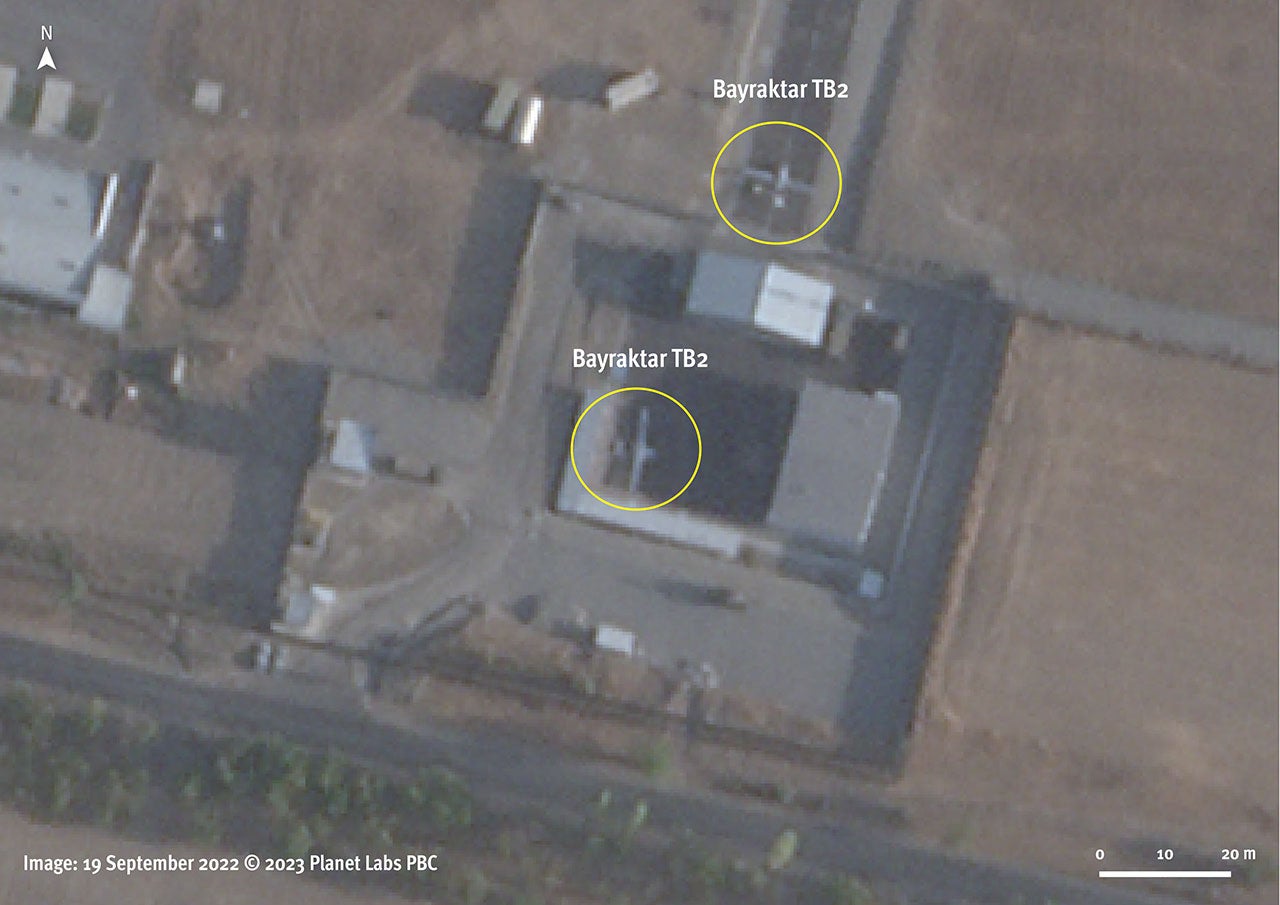 Satellite imagery showing a Bayraktar TB-2 drone on the Kyrgyzstan airbase of Razzaqov (formerly known as Isfana) on September 19, 2022, three days after the deadly drone strike on the Tajik town of Ovchi Kal’acha. Image: 19 September 2022.
