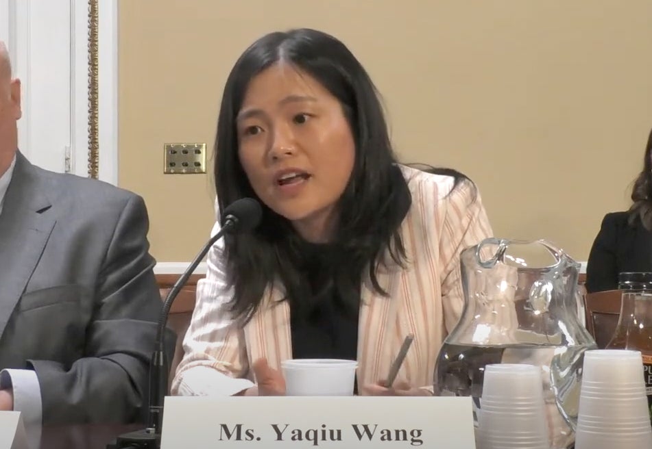 Yaqiu Wang, senior China researcher at Human Rights Watch, testifies at the US House Committee on Rules on May 10, 2023.
