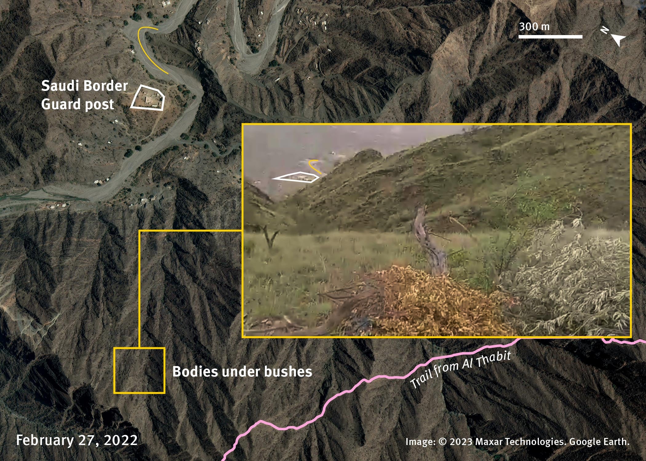 Satellite imagery shows the bodies of at least two migrants hidden under bushes