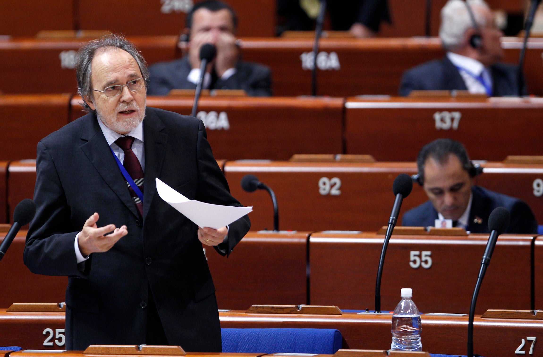 Former Council of Europe investigator Dick Marty delivers a speech at the Parliamentary Assembly of the Council of Europe in Strasbourg, October 6, 2011.