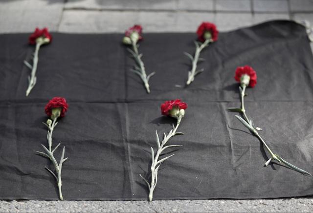 Carnations placed on the ground during a protest against explosions at a peace march in Ankara, in central Istanbul, Turkey, October 10, 2015. 