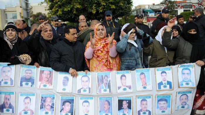Protesters supporting the Gdeim Izik defendants at their trial in Rabat on January 23, 2017.