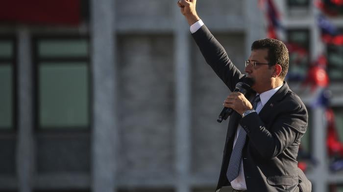 Ekrem Imamoglu, mayor of Istanbul from Turkey's main opposition Republican People's Party (CHP), makes a speech in Istanbul days after his election victory in the re-run of the Istanbul mayoral election, June 27, 2019. 