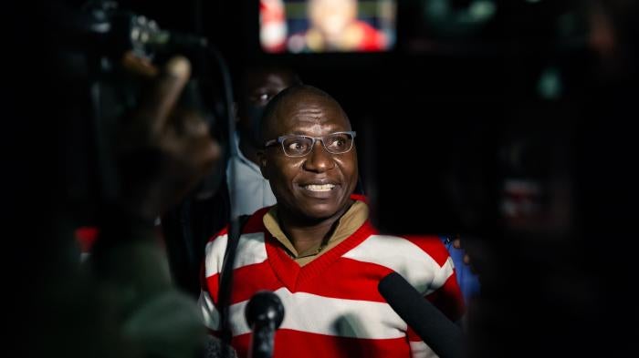 Zimbabwe opposition politician Jacob Ngarivhume, the leader of Transform Zimbabwe, speaks to the media in September 2020 after his release on bail from Chikurubi Maximum Prison in Harare.