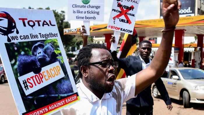 A Ugandan activist participates in a demonstration over proposed plans by Total Energies and the Ugandan government to build the East African Crude Oil Pipeline (EACOP), in Kampala, Uganda September 15, 2023. REUTERS / Abubaker Lubowa