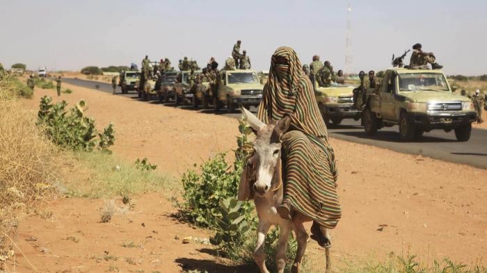قافلة عسكرية حكومية في طريقها إلى بلدة تابت بشمال دارفور، غربي السودان، 20 نوفمبر/تشرين الثاني 2014. © 2014 رويترز