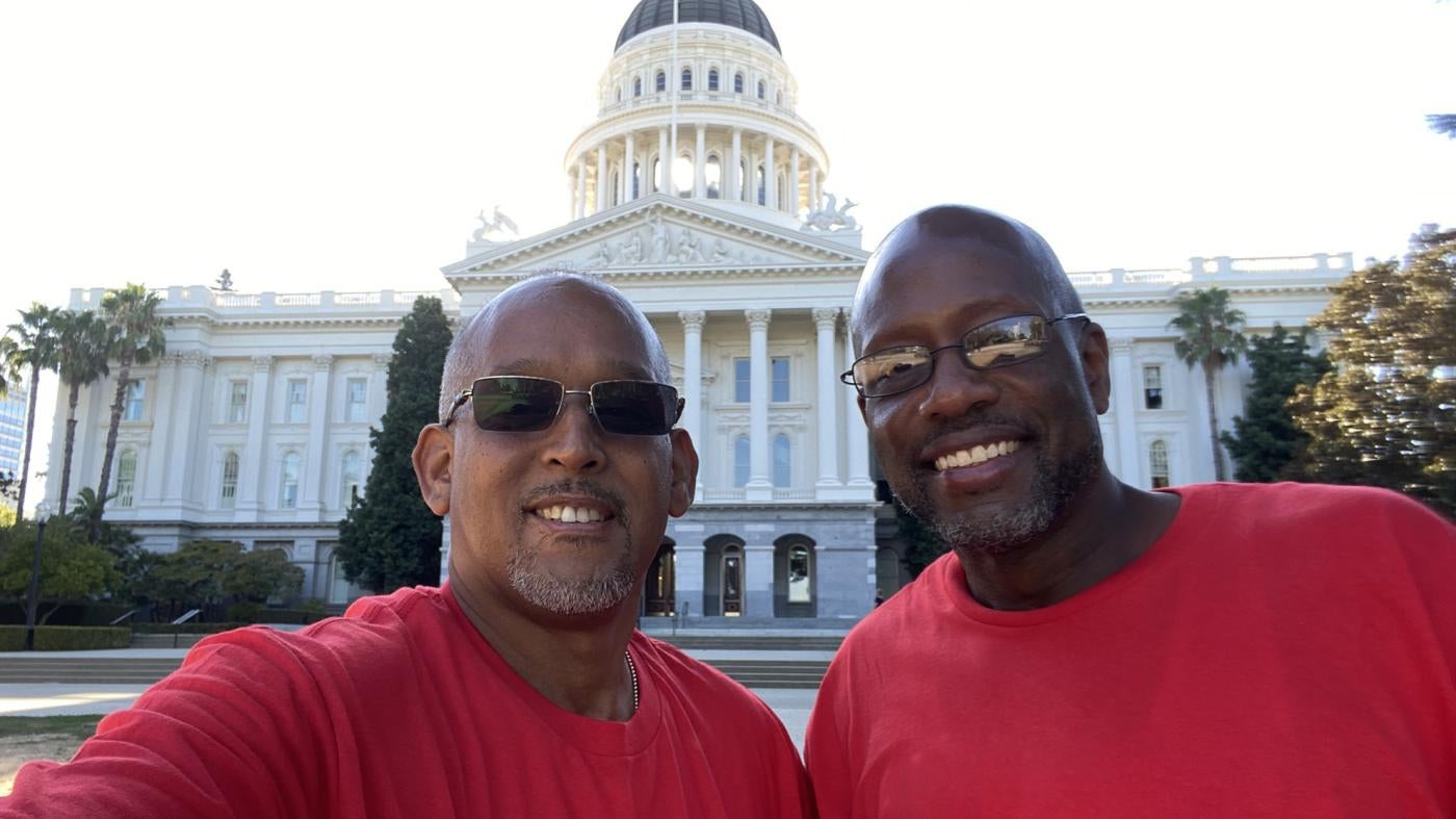 Joseph Bell (left) and Remi King at the California Legislature Building to advocate for passage of SB 300, which would remove the current requirement that anyone convicted under the felony murder rule receive either a death sentence or life without parole.