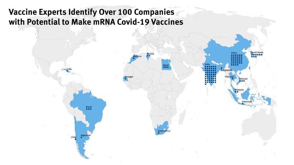 Mapa de empresas com potencial para fabricar vacinas de mRNA Covid-19