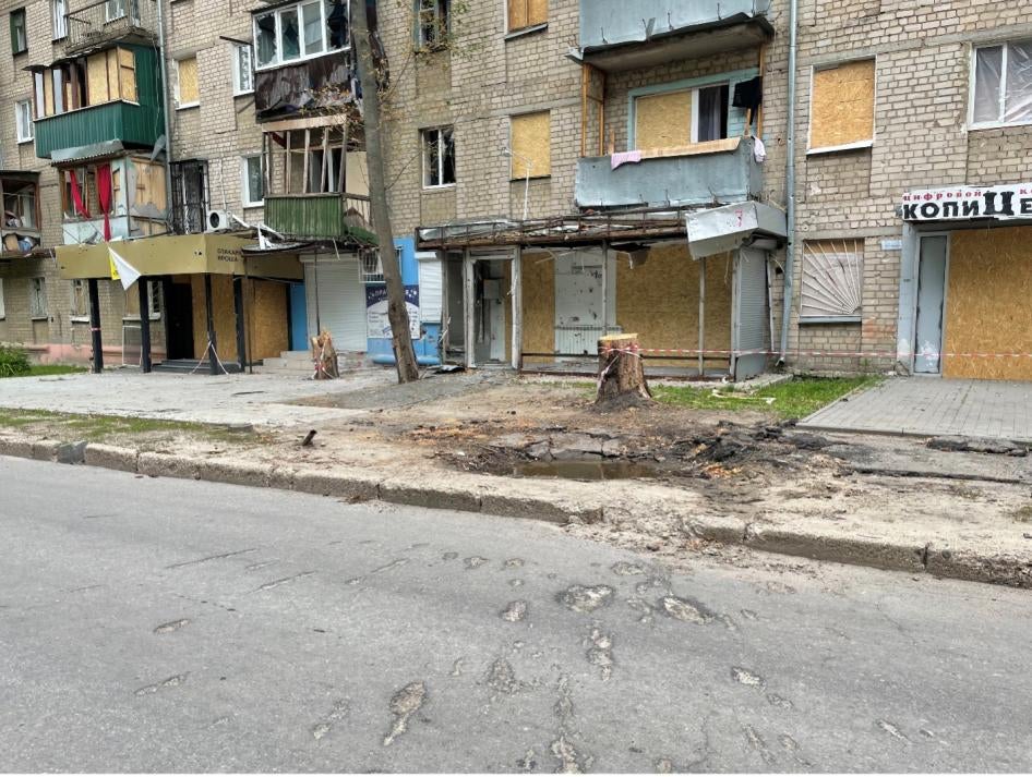The location of a projectile that detonated in the middle of a populated neighborhood in Kharkiv city, one of at least six, on May 26, that killed Oleksandra Korostelova’s husband, their 4-month-old son, and another civilian, May 27, 2022.