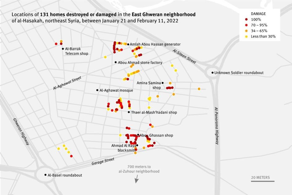 Carte du quartier de Ghweran-Est de la ville d'Al-Hasakah, dans le nord-est de la Syrie, montrant les principaux emplacements des 131 maisons détruites ou endommagées entre le 1er janvier et le 11 février 2022.