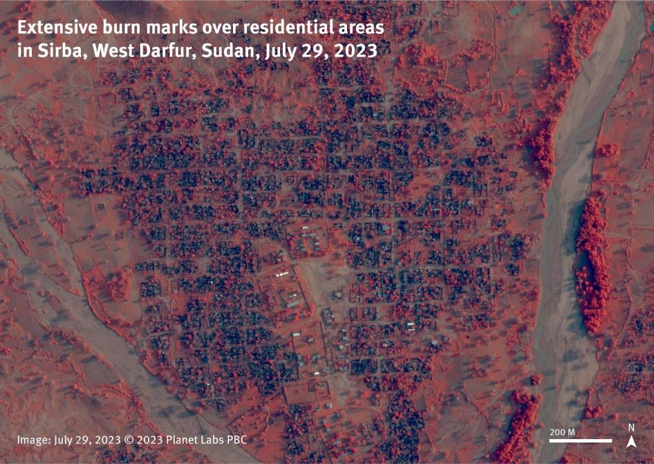 Infrared satellite image from July 29, 2023, shows residential areas of the town of Sirba, West Darfur, Sudan affected by burning. On infrared images, the vegetation appears in red and the burned areas more clearly in a darker color. 