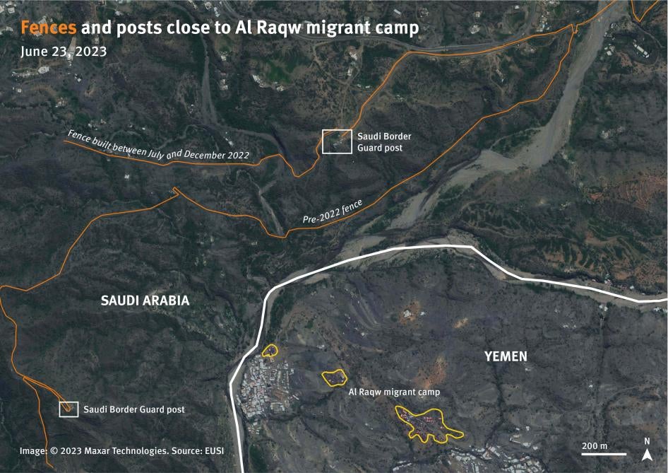 Satellite imagery from June 23, 2023 shows two Saudi border guard posts and two layers of fence close to Al Raqw migrant camp.