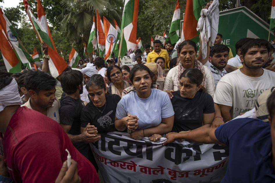 India's top female wrestlers and their supporters protest against Wrestling Federation of India President Brijbhushan Sharan Singh for alleged sexual abuse, New Delhi, May 23, 2023.