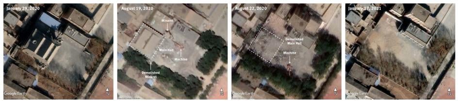 Quatre images satellite d’une mosquée située dans un quartier central du village de Liaoqiao: Photo 1 (2019) - Cette mosquée avait des minarets et une toiture de style chinois visibles après sa construction en 2013. Photo 2 (19/08/20) - Démantèlement des minarets le 19 août 2020. Photo 3 (22/08/20) - La salle principale a été complètement démolie. Photo 4 (2021) - Les débris suite aux démolitions ne sont plus visibles.