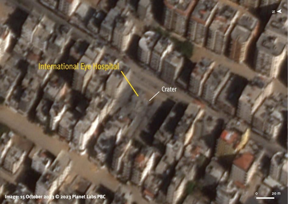 השוואת תצלומי לוויין בין 8 באוקטובר ל-15 באוקטובר 2023, שאז נראה ההרס המוחלט של המרכז הרפואי לבריאות העין בעיר עזה. תצלום .