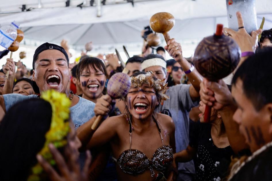 Brazilian Xokleng Indigenous people celebrate after Brazil's Supreme Court upheld Indigenous land rights, in Brasilia, Brazil, September 21, 2023. 