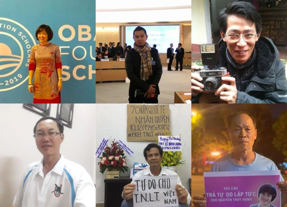 Six Vietnamese rights activists and bloggers currently detained for exercising their basic rights. Top row from left to right: Hoang Thi Minh Hong, Bui Tuan Lam, Nguyen Lan Thang. Bottom row: Dang Dang Phuoc, Tran Van Bang, Truong Van Dung.