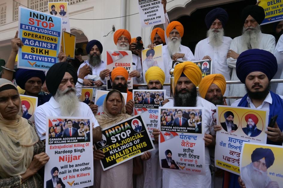 Activists of the Dal Khalsa Sikh organization, a pro-Khalistan group, stage a demonstration demanding justice for Sikh separatist Hardeep Singh Nijjar, who was killed in June 2023 near Vancouver, Canada, September 29, 2023. 