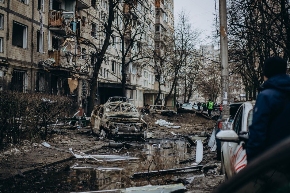 The aftermath of an explosion of an intercepted Russian missile on a residential building in Kyiv, Ukraine, December 13, 2023.