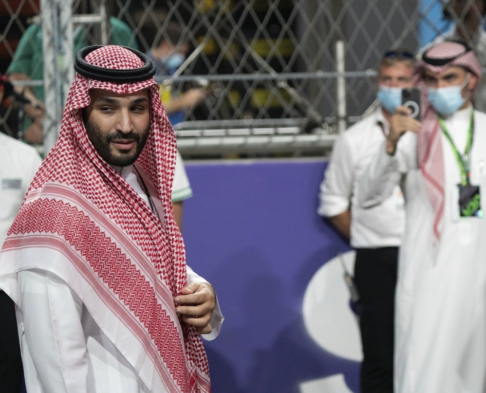 Prince Mohammed bin Salman Al Saud, Crown Prince of the Kingdom of Saudi Arabia, attends the Formula 1 Grand Prix of Saudi Arabia, in Jeddah, May 12, 2021. 