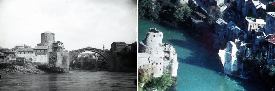 Side-by-side photos of a bridge before and after its destruction