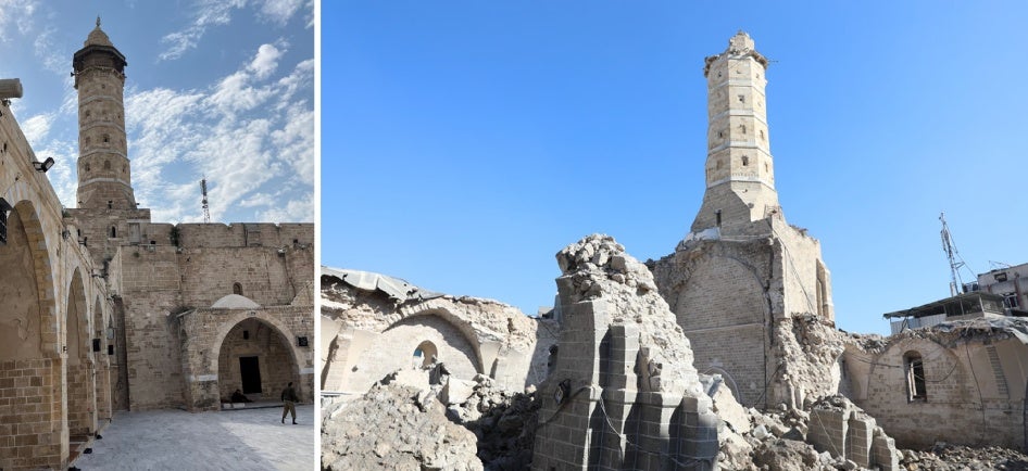 Side-by-side photos of a cathedral before and after its destruction