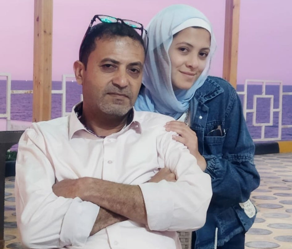 Hisham Jweifel with his daughter Elham, 15, who was killed in the October 31 Israeli airstrike on the Engineers’ Building.