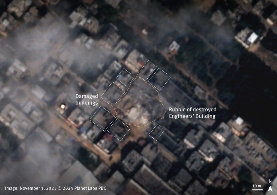 Satellite imagery from November 1, 2023, shows a large pile of rubble where the Engineers’ Building previously stood, as well as damage to nearby buildings. 