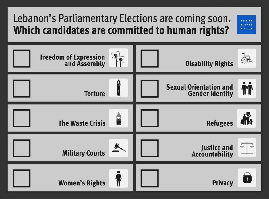 Candidates for Lebanon’s parliamentary elections should commit to human rights reforms.