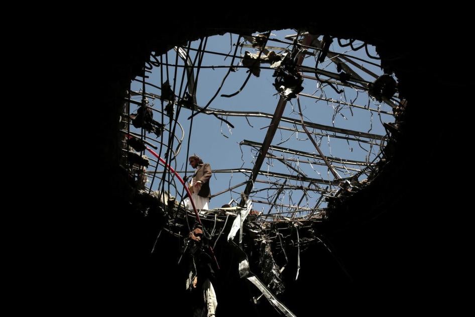 The hole left by a Saudi-led coalition airstrike on a funeral hall in Sanaa, Yemen on October 8, 2016 that killed at least 100 people and wounded hundreds of others, October 10, 2016. 