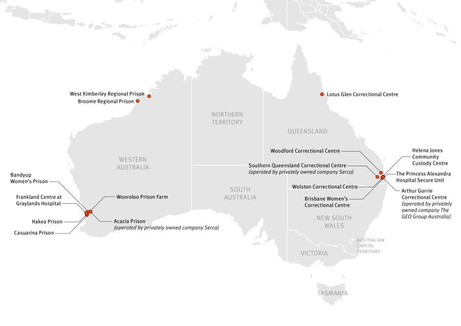 Map of Australian correctional facilities