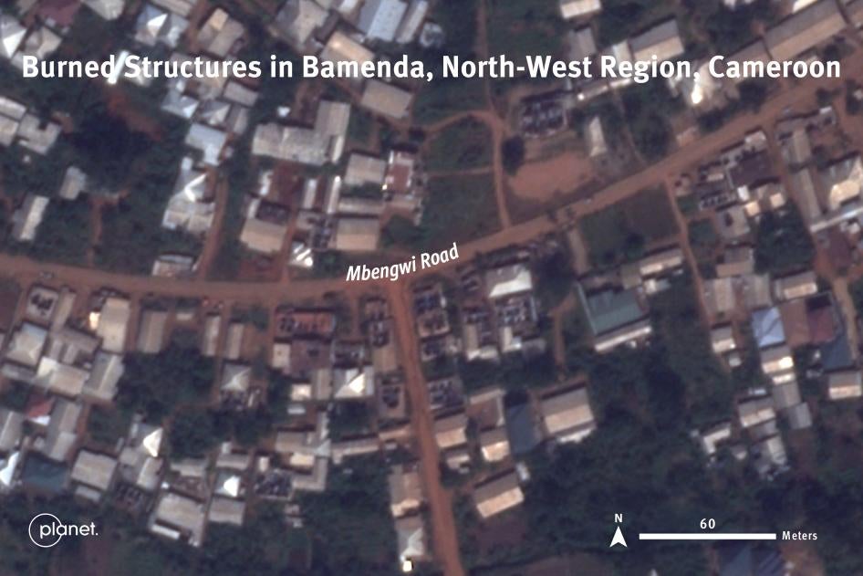 Satellite images showing dozens of structures intact before December 8, 2021 when the alleged arson attack took place, and burned out after.
