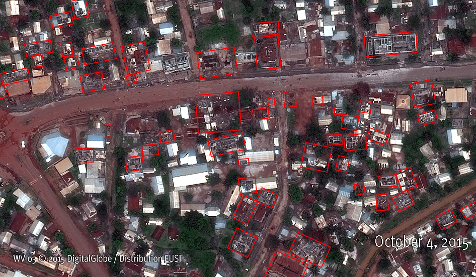 Satellite Images illustrating building destruction in the Bazanga and Sara neighbourhoods of Bangui between September 22 and October 4, 2015