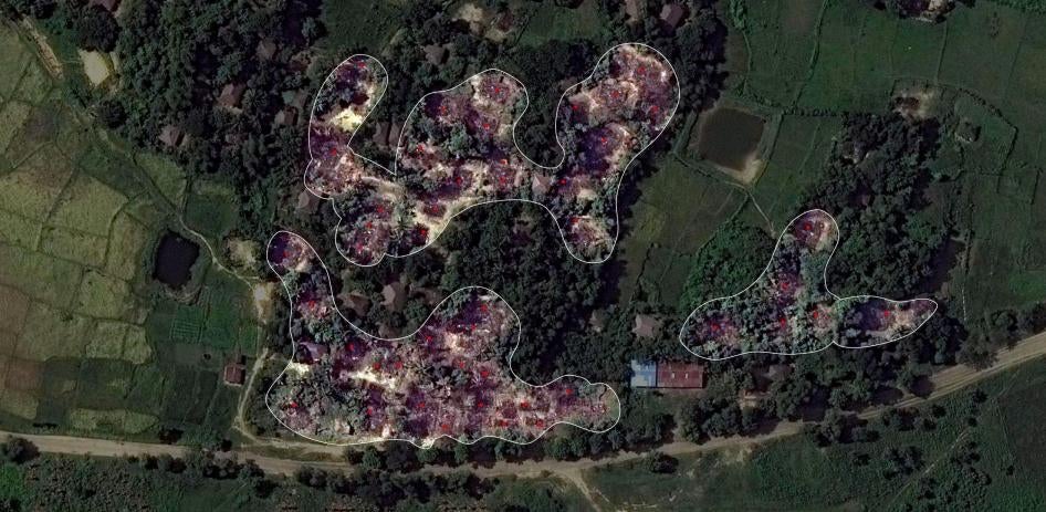Building destruction in the village of Wa Peik (Kyee Kan Pyin), Maungdaw District. Post-destruction satellite image recorded on 10 November 2016 - Destroyed buildings annotated in red. 