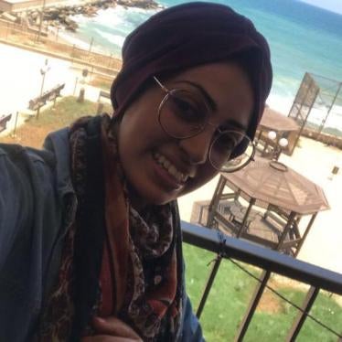 Abier Almasri, Human Rights Watch’s Gaza-based research assistant, from the balcony of her shared room at a Gaza City hotel that served as a makeshift quarantine center.