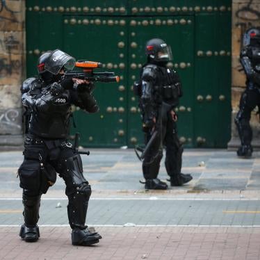 A member of the security forces aims during a demonstration against police brutality in Bogotá, Colombia, on September 13, 2020.