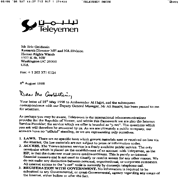 Replies to Human Rights Watch letter received from official of Yemen