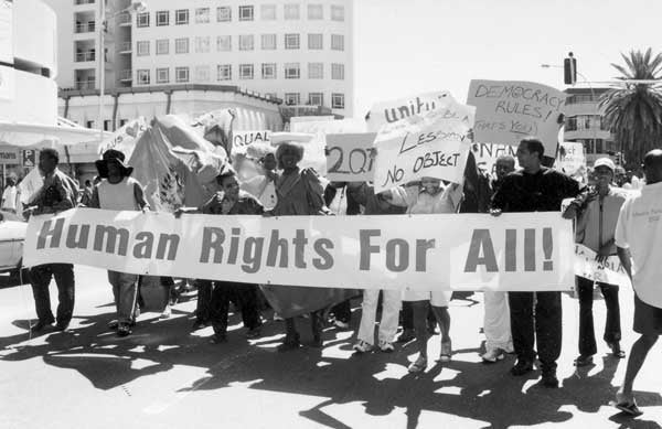 3.An Equality March held in Windhoek, Namibia, to defend human rights in the face of President Sam Nujoma's verbal attacks on lesbian, gay, bisexual, and transgender people, April 28 © 2001 The Rainbow Project, Namibia.

