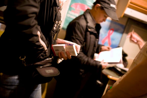 Injection drug users and sex workers receive counseling at a mobile harm reduction center. 
&copy; 2007 Lorena Ros

