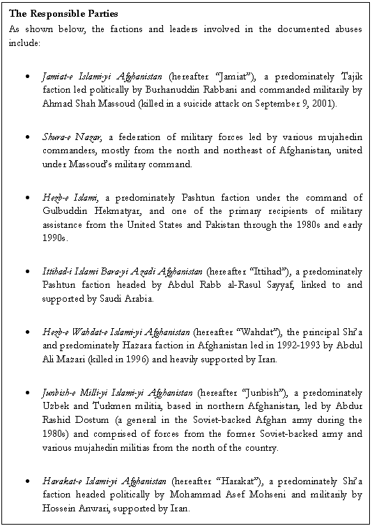 Text Box: The Responsible Parties
As shown below, the factions and leaders involved in the documented abuses include:

•	Jamiat-e Islami-yi Afghanistan (hereafter “Jamiat”), a predominately Tajik faction led politically by Burhanuddin Rabbani and commanded militarily by Ahmad Shah Massoud (killed in a suicide attack on September 9, 2001).

•	Shura-e Nazar, a federation of military forces led by various mujahedin commanders, mostly from the north and northeast of Afghanistan, united under Massoud’s military command.

•	Hezb-e Islami, a predominately Pashtun faction under the command of Gulbuddin Hekmatyar, and one of the primary recipients of military assistance from the United States and Pakistan through the 1980s and early 1990s.

•	Ittihad-i Islami Bara-yi Azadi Afghanistan (hereafter “Ittihad”), a predominately Pashtun faction headed by Abdul Rabb al-Rasul Sayyaf, linked to and supported by Saudi Arabia.

•	Hezb-e Wahdat-e Islami-yi Afghanistan (hereafter “Wahdat”), the principal Shi’a and predominately Hazara faction in Afghanistan led in 1992-1993 by Abdul Ali Mazari (killed in 1996) and heavily supported by Iran.

•	Junbish-e Milli-yi Islami-yi Afghanistan (hereafter “Junbish”), a predominately Uzbek and Turkmen militia, based in northern Afghanistan, led by Abdul Rashid Dostum (a general in the Soviet-backed Afghan army during the 1980s) and comprised of forces from the former Soviet-backed army and various mujahedin militias from the north of the country.

•	Harakat-e Islami-yi Afghanistan (hereafter “Harakat”), a predominately Shi’a faction headed politically by Mohammad Asef Mohseni and militarily by Hossein Anwari, supported by Iran.

