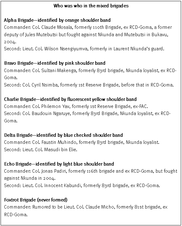 Text Box: Who was who in the mixed brigades

Alpha Brigade—identified by orange shoulder band
Commander: Col. Claude Mosala, formerly 110th Brigade, ex RCD-Goma, a former deputy of Jules Mutebutsi but fought against Nkunda and Mutebutsi in Bukavu, 2004.
Second: Lieut. Col. Wilson Nsengiyumva, formerly in Laurent Nkunda’s guard.

Bravo Brigade—identified by pink shoulder band
Commander: Col. Sultani Makenga, formerly 83rd brigade, Nkunda loyalist, ex RCD-Goma.
Second: Col. Cyril Nsimba, formerly 1st Reserve Brigade, before that in RCD-Goma.

Charlie Brigade—identified by fluorescent yellow shoulder band
Commander: Col. Philemon Yav, formerly 1st Reserve Brigade, ex-FAC.
Second: Col. Baudouin Ngaruye, formerly 83rd Brigade, Nkunda loyalist, ex RCD-Goma.

Delta Brigade—identified by blue checked shoulder band
Commander: Col. Faustin Muhindo, formerly 83rd brigade, Nkunda loyalist.
Second: Lieut. Col. Masudi bin Elie.

Echo Brigade—identified by light blue shoulder band
Commander: Col. Jonas Padiri, formerly 116th brigade and ex RCD-Goma, but fought against Nkunda in 2004.
Second: Lieut. Col. Innocent Kabundi, formerly 83rd brigade, ex RCD-Goma.

Foxtrot Brigade (never formed)
Commander: Rumored to be Lieut. Col. Claude Micho, formerly 81st brigade, ex RCD-Goma.
