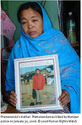 Text Box: 
Premananda's mother. Premananda was killed by Manipur police on January 30, 2006. © 2008 Human Rights Watch
